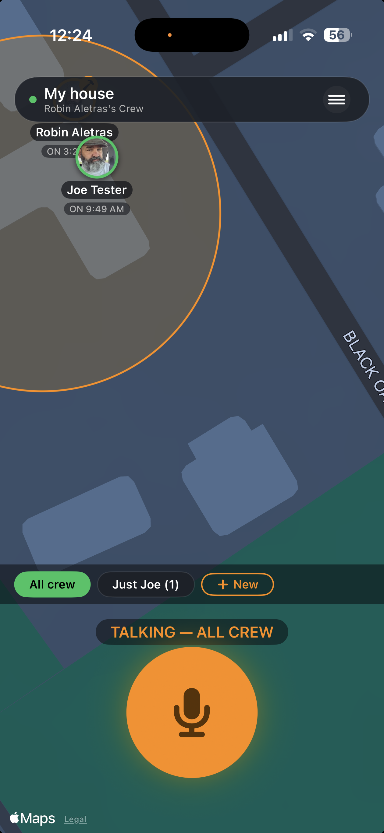Chirped live crew map with active transmission