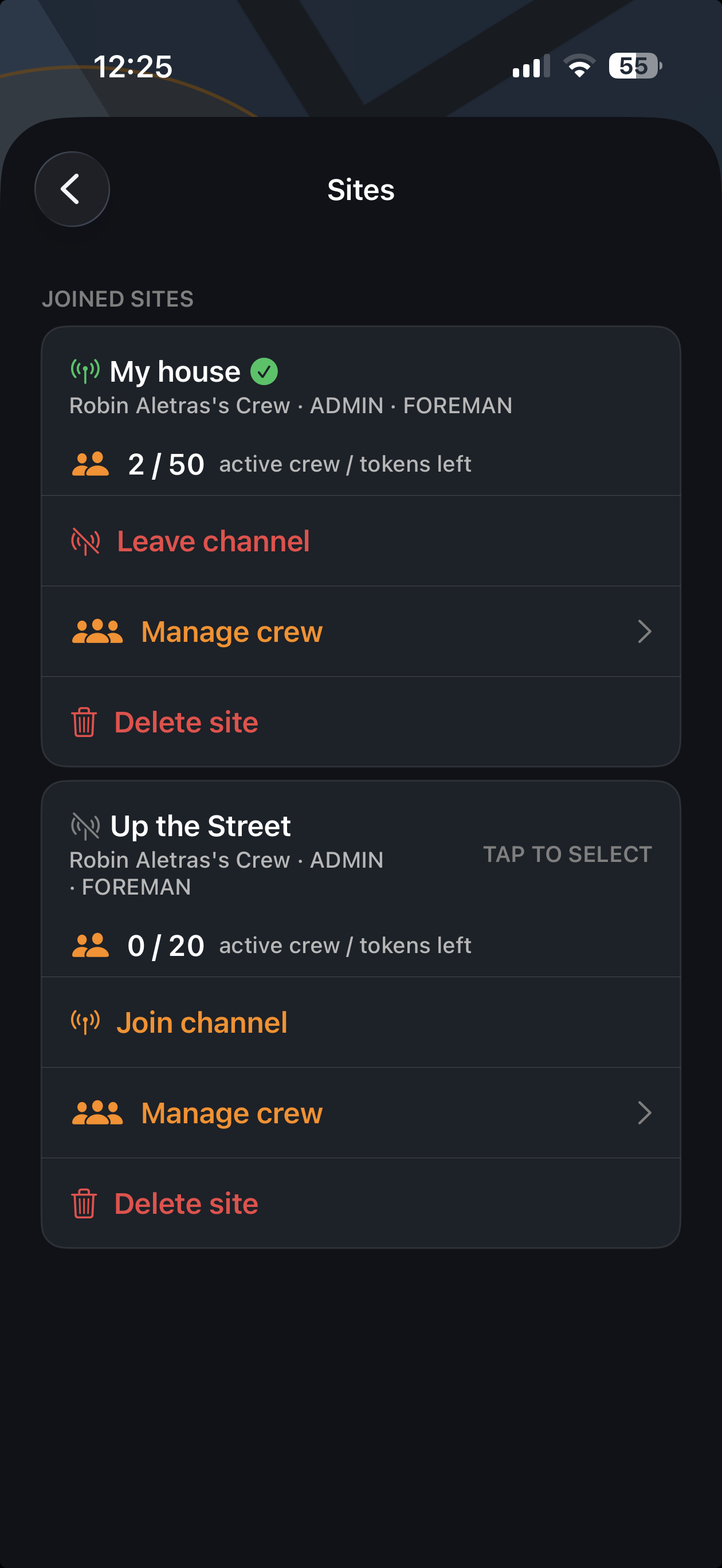 Joined sites list